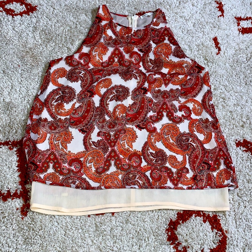 EUC- Violet + Claire- Brick/Orange- Paisley TankTop Blouse- Sz Med- Zip Up Back